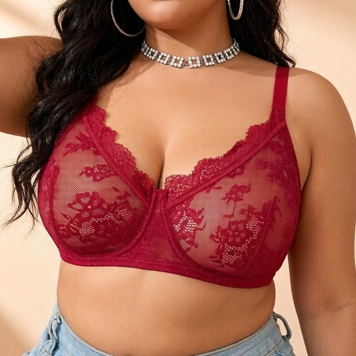Women Plus Size Red Lace Sheer - Sheer Mesh Bra のレビューと価格
