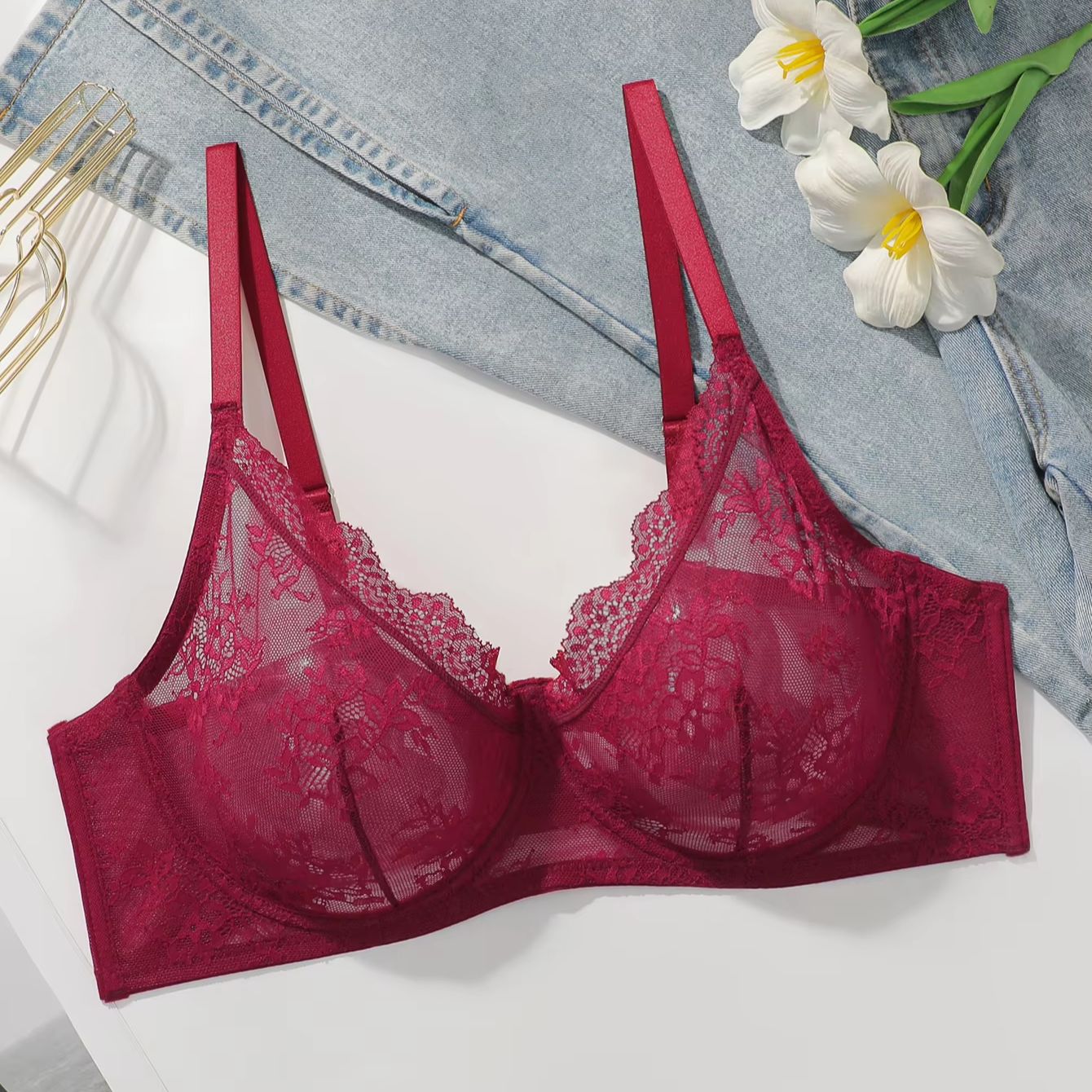 Women Plus Size Red Lace Sheer - Sheer Mesh Bra のレビューと価格