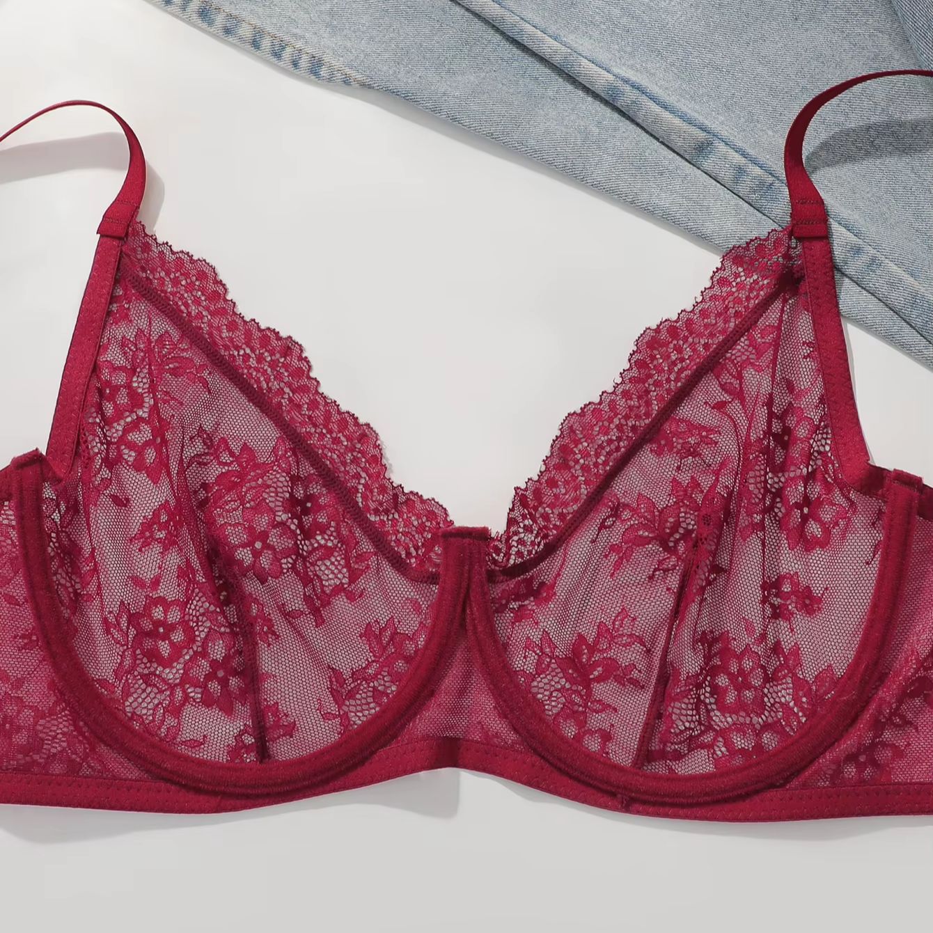 Women Plus Size Red Lace Sheer - Sheer Mesh Bra のレビューと価格