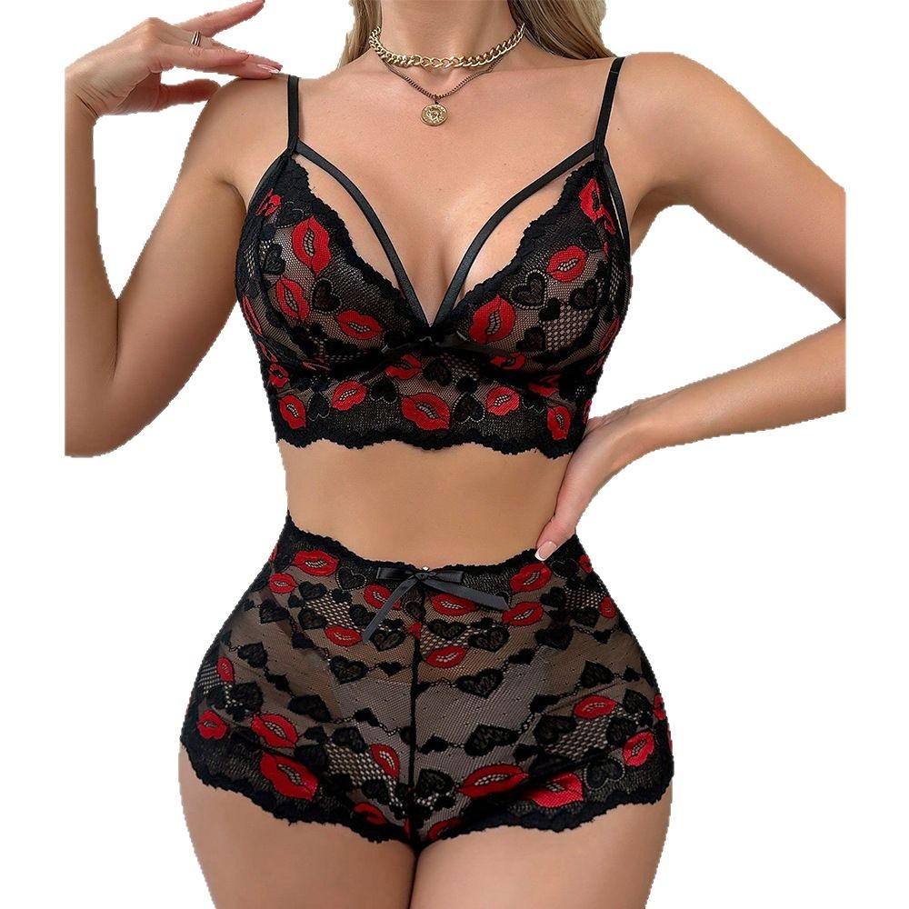 Babydoll Lingerie Set Red Lips - Sheer Mesh Bra のレビューと価格