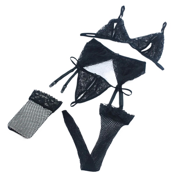 Lace Women Lingerie Set 4 Pcs  - Sheer Mesh Bra のレビューと価格